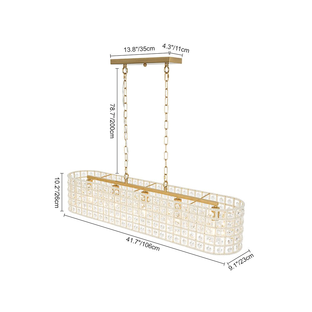 French Luxe Brass Crystal Linear Cage Island Chandelier