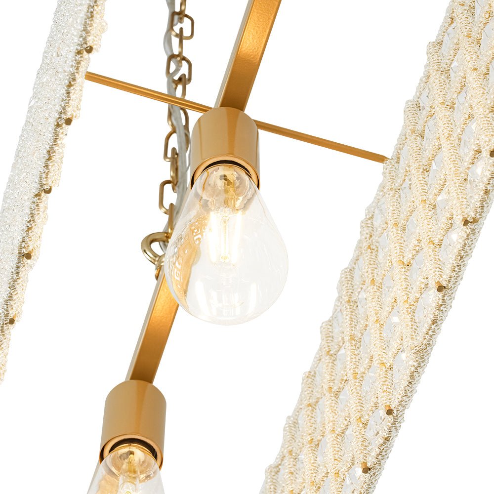 French Luxe Brass Crystal Linear Cage Island Chandelier