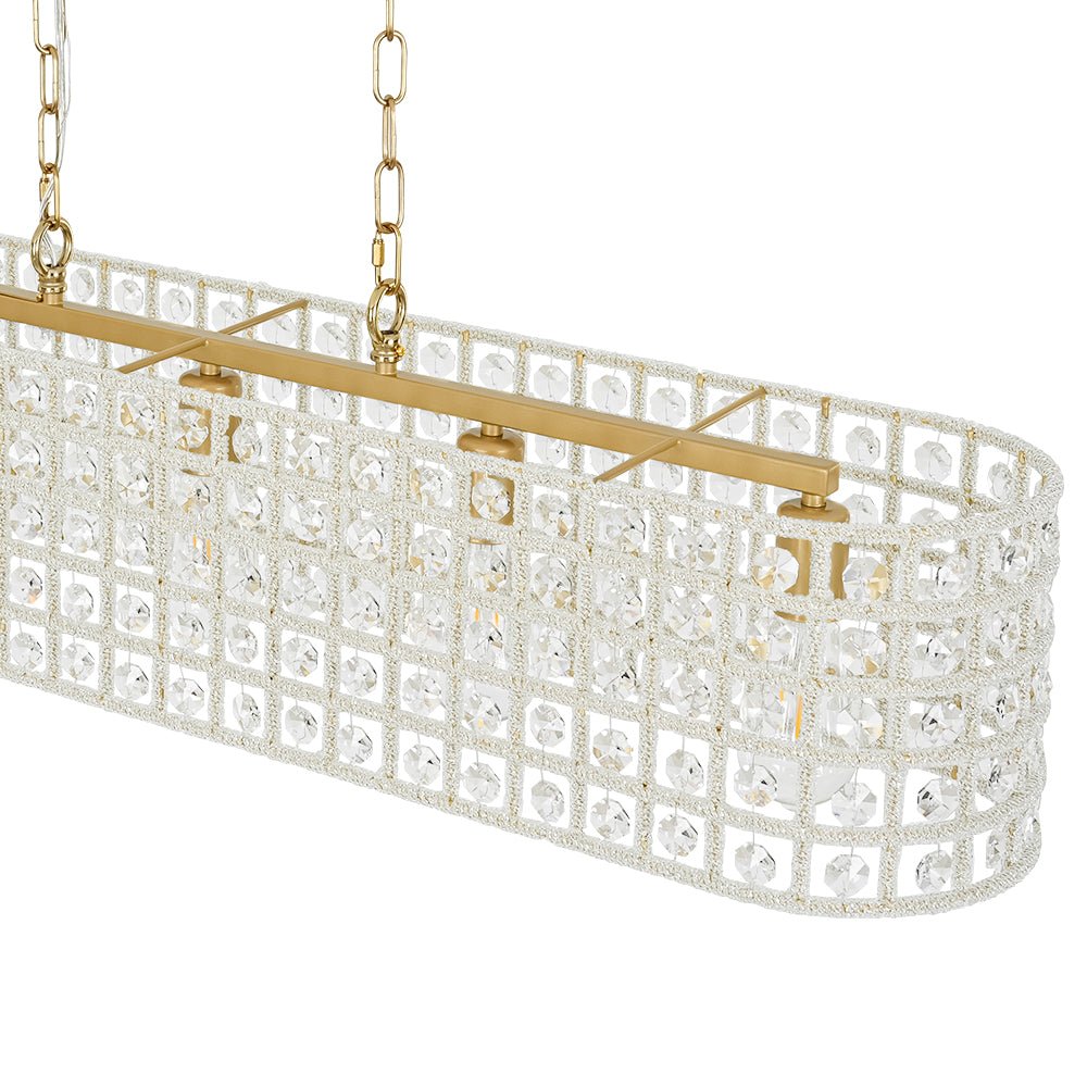 French Luxe Brass Crystal Linear Cage Island Chandelier