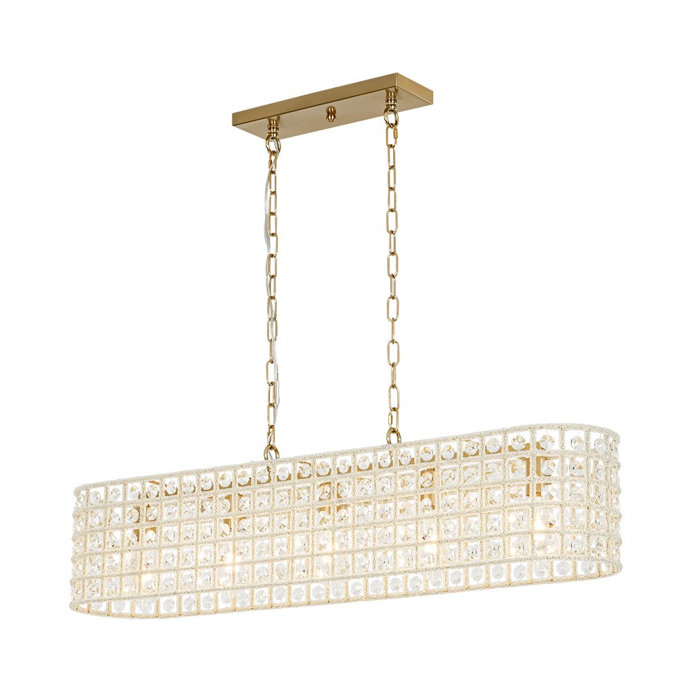 French Luxe Brass Crystal Linear Cage Island Chandelier