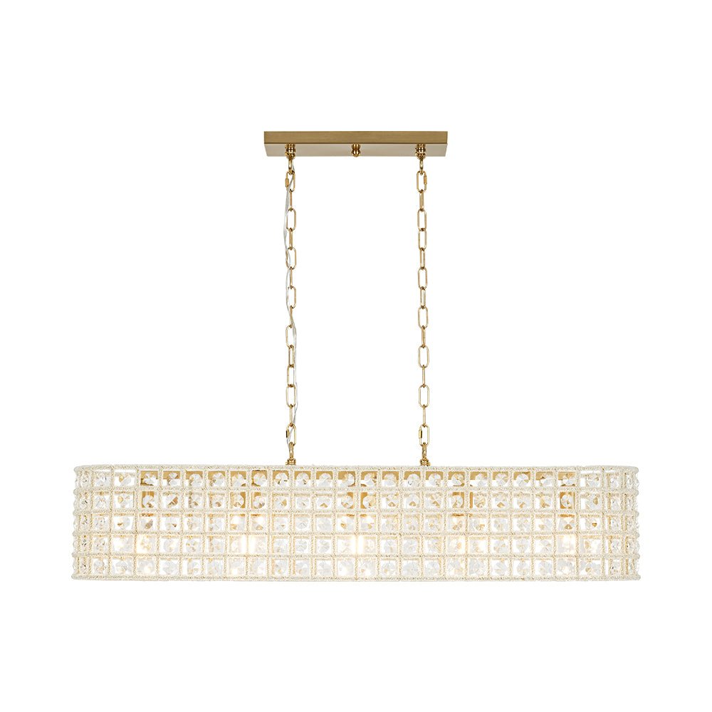 French Luxe Brass Crystal Linear Cage Island Chandelier
