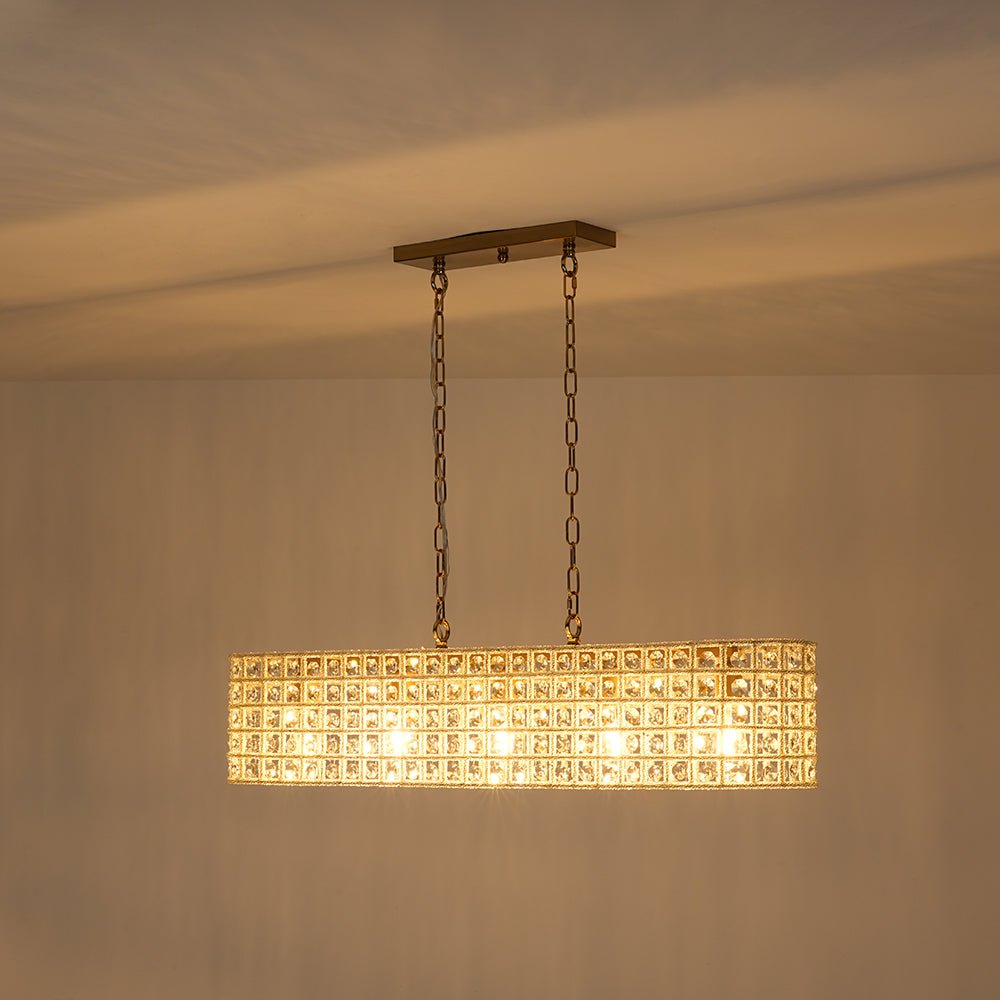 French Luxe Brass Crystal Linear Cage Island Chandelier