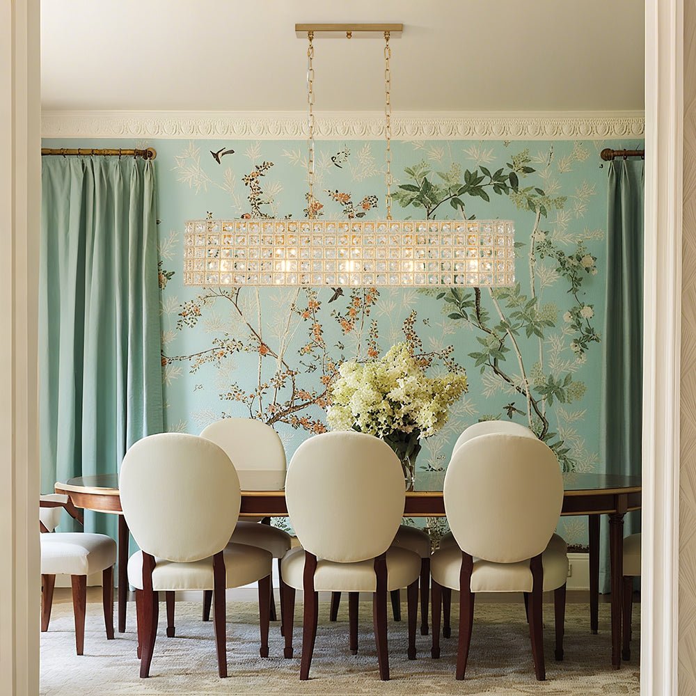 French Luxe Brass Crystal Linear Cage Island Chandelier