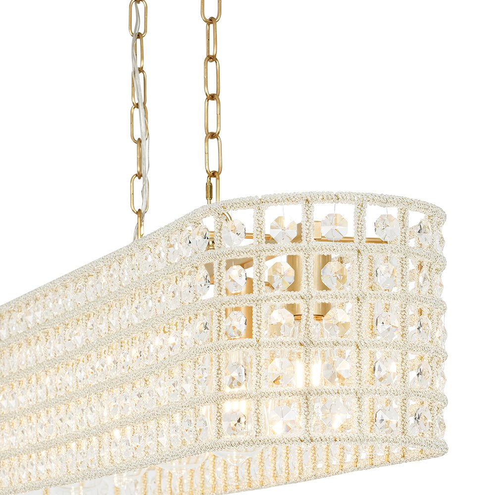French Luxe Brass Crystal Linear Cage Island Chandelier