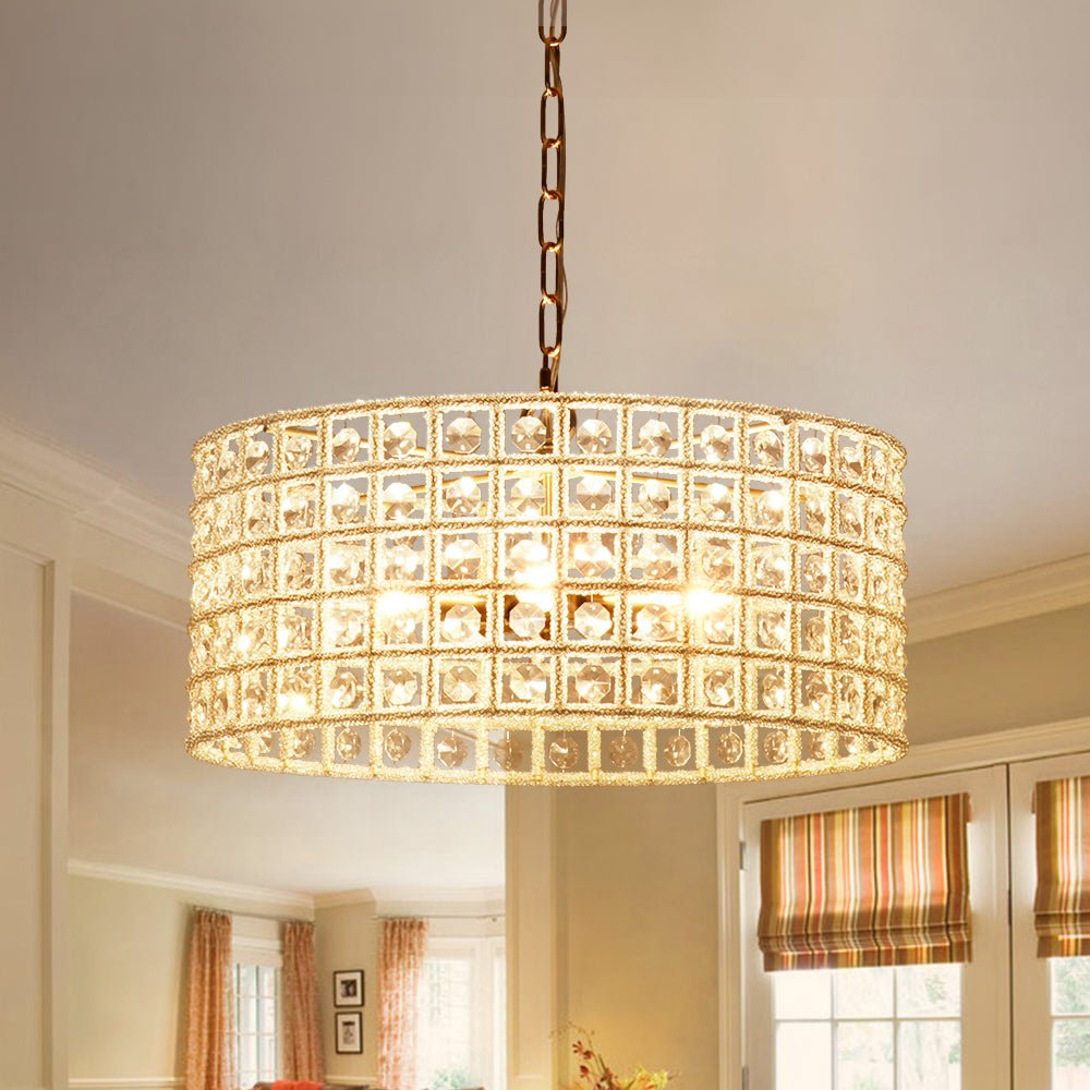 French Luxury Brass Crystal Drum Cage Chandelier