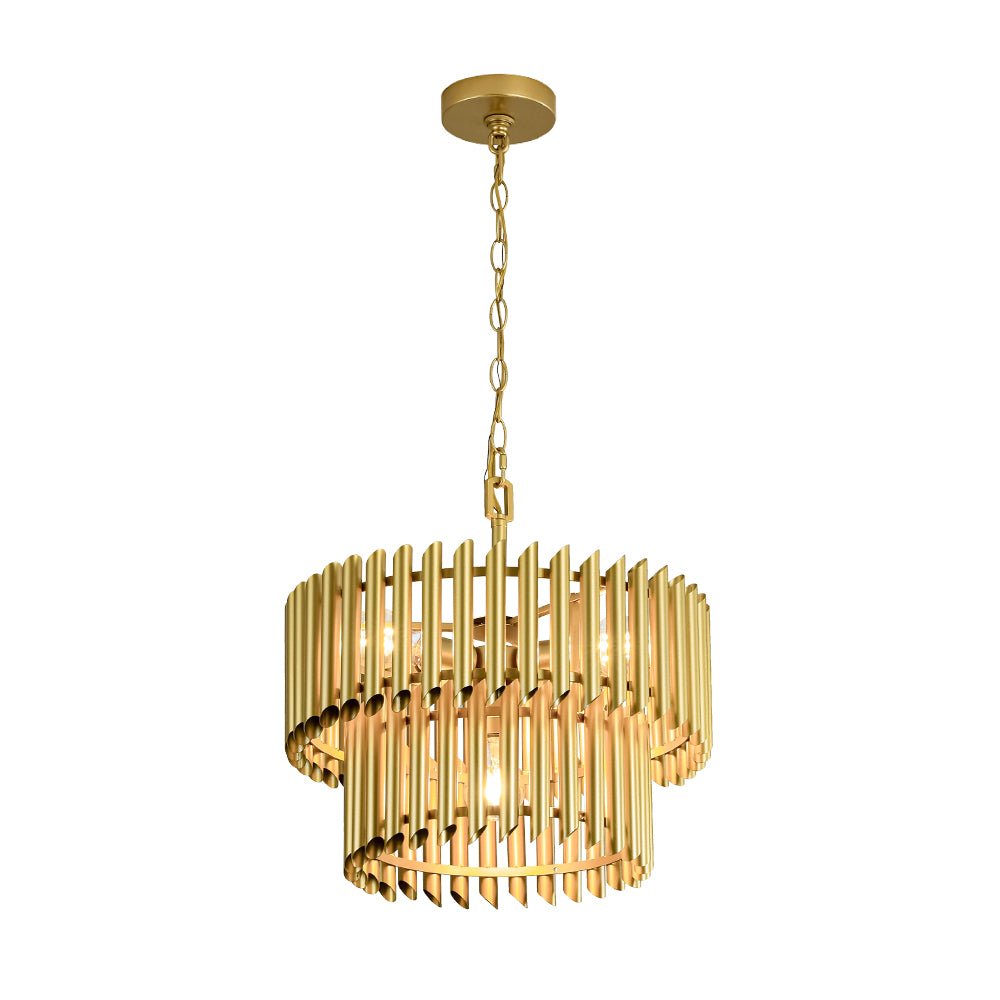 French Luxury Gold 2-Tier Metal Drum Cage Chandelier