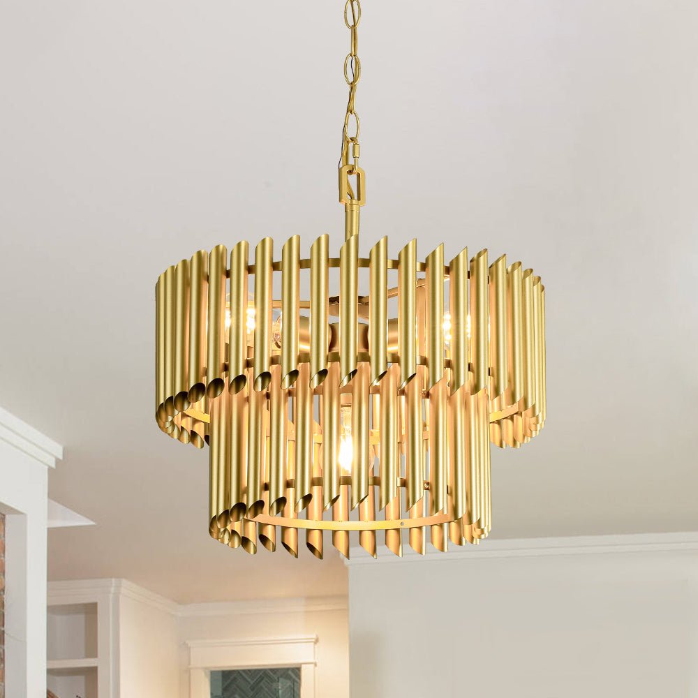 French Luxury Gold 2-Tier Metal Drum Cage Chandelier