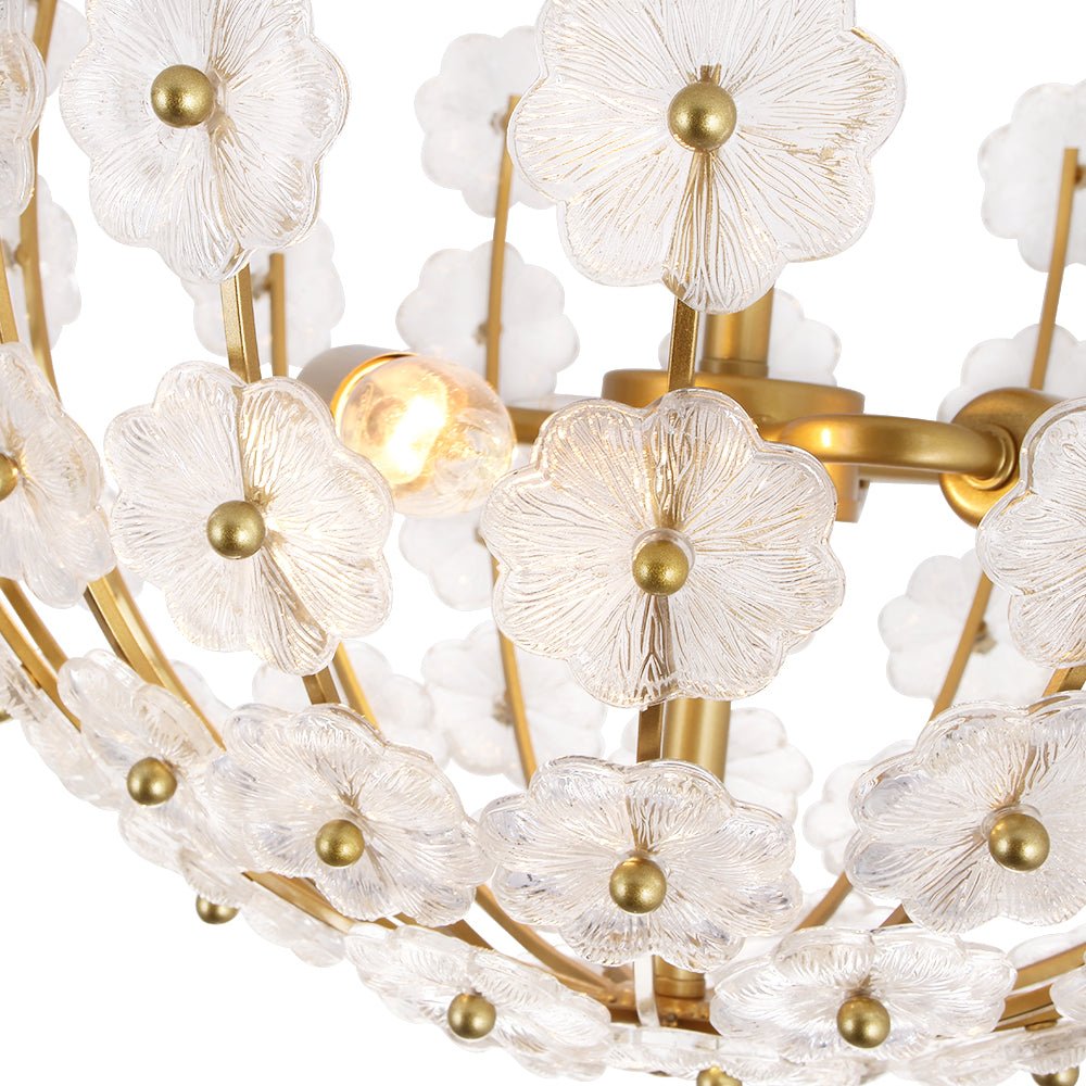 French Sculpture Brass Bloom Glass Floral Semi Flush Mount