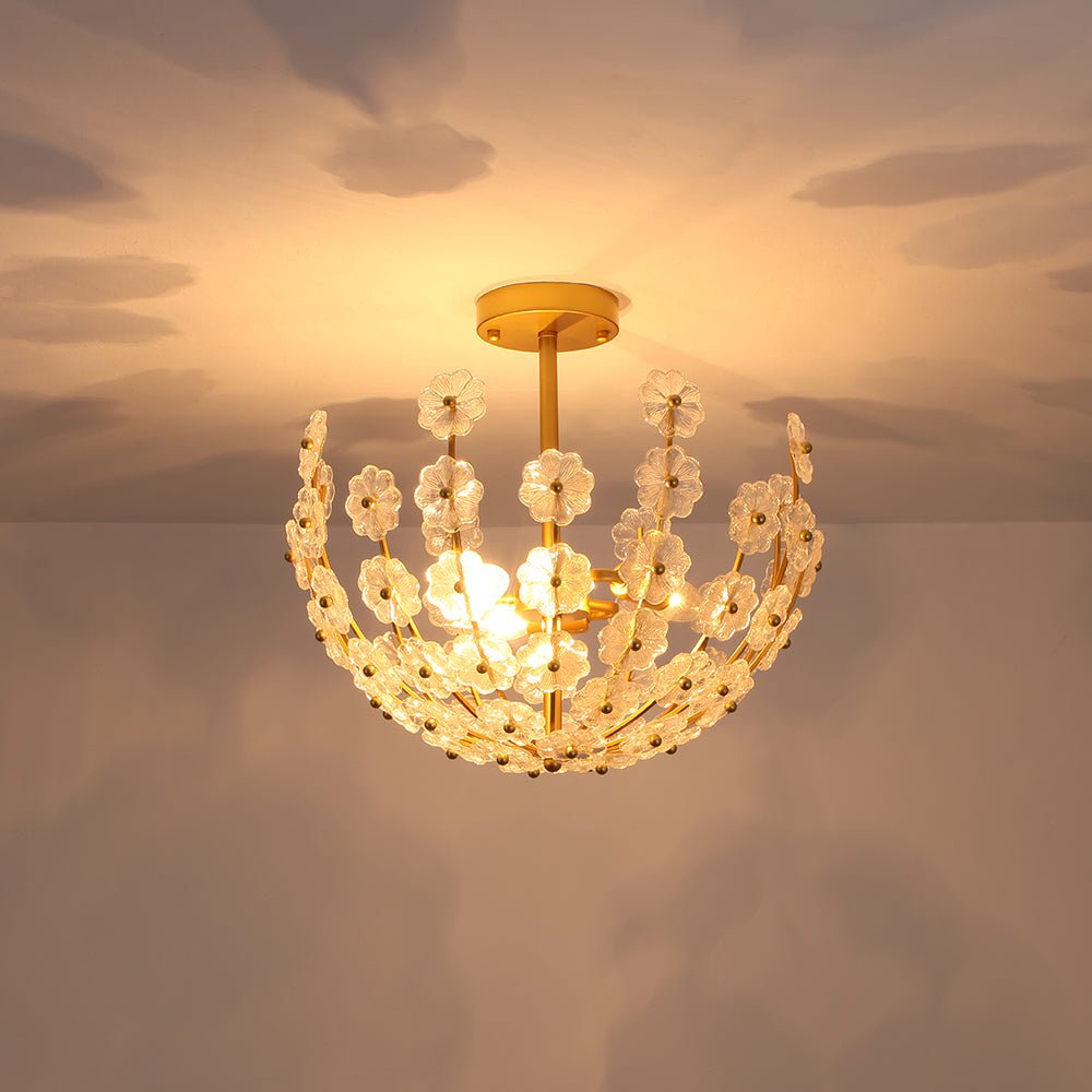 French Sculpture Brass Bloom Glass Floral Semi Flush Mount