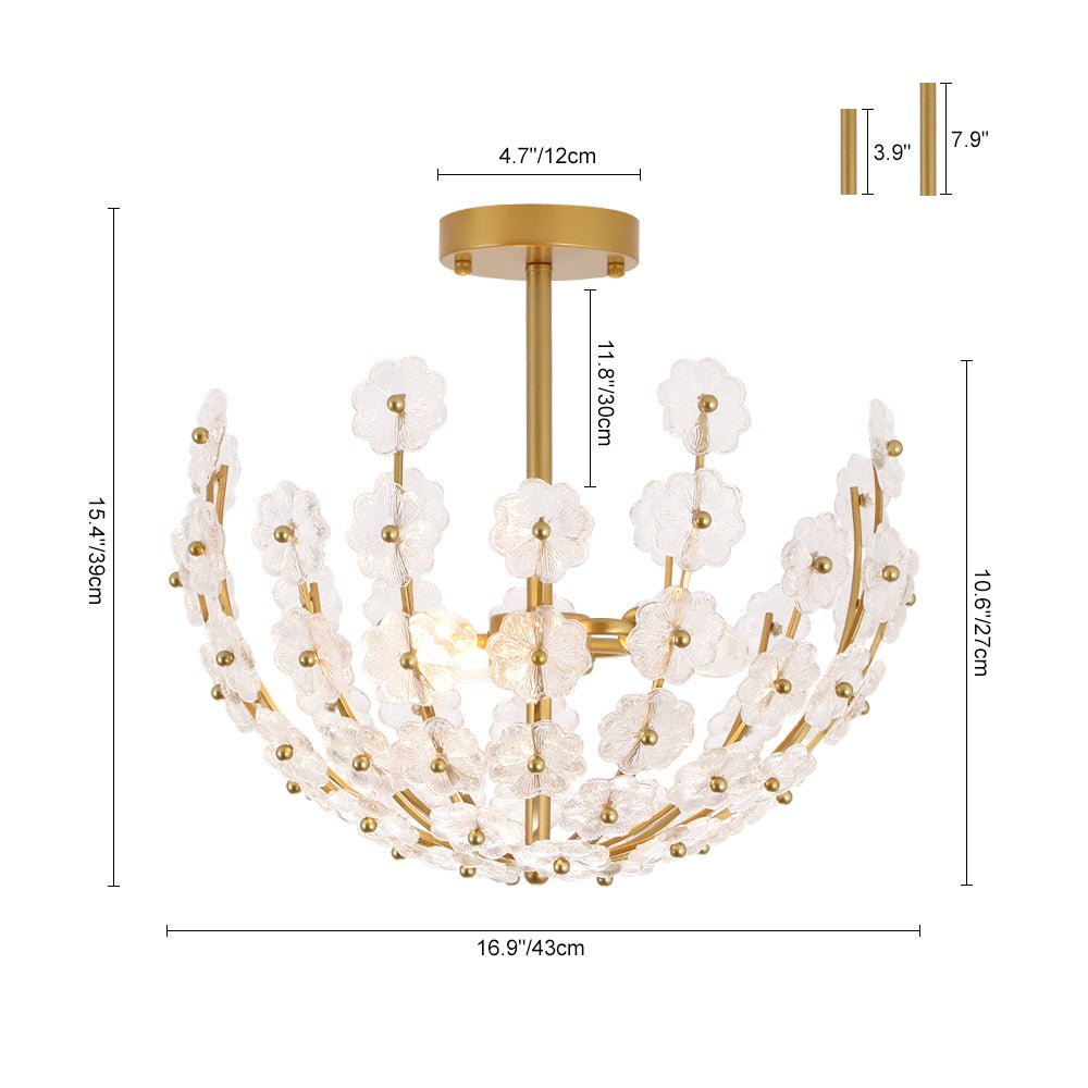 French Sculpture Brass Bloom Glass Floral Semi Flush Mount