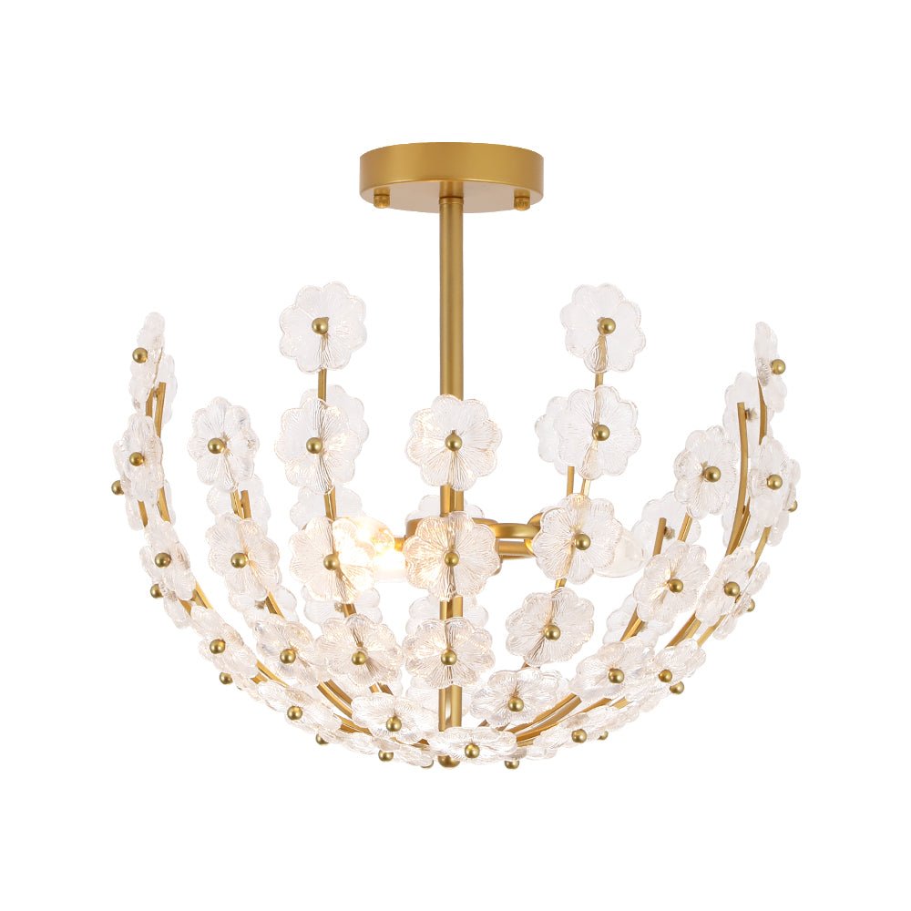 French Sculpture Brass Bloom Glass Floral Semi Flush Mount