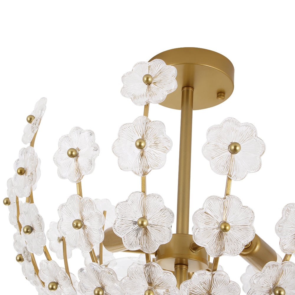 French Sculpture Brass Bloom Glass Floral Semi Flush Mount