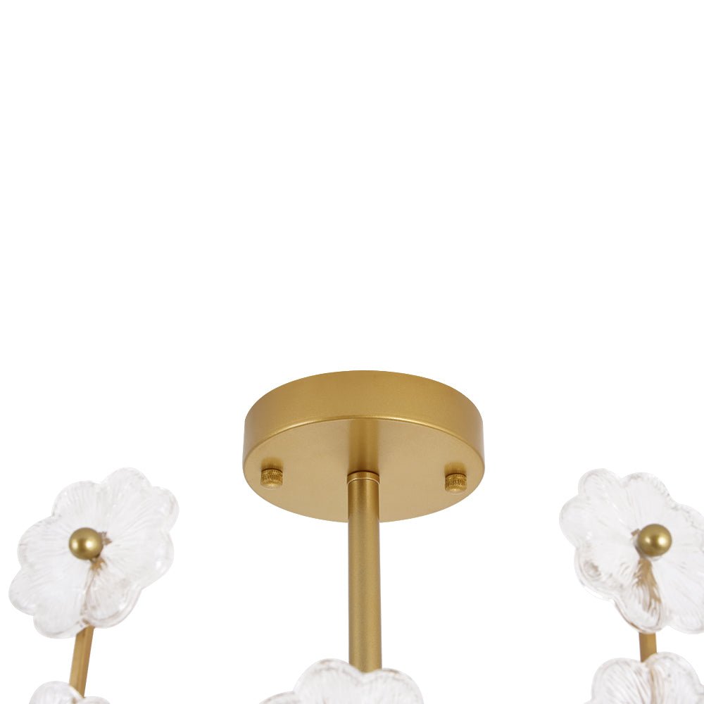 French Sculpture Brass Bloom Glass Floral Semi Flush Mount