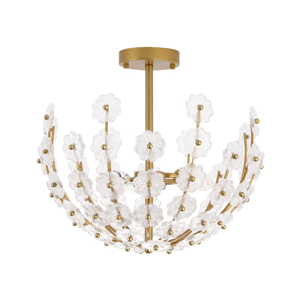 French Sculpture Brass Bloom Glass Floral Semi Flush Mount