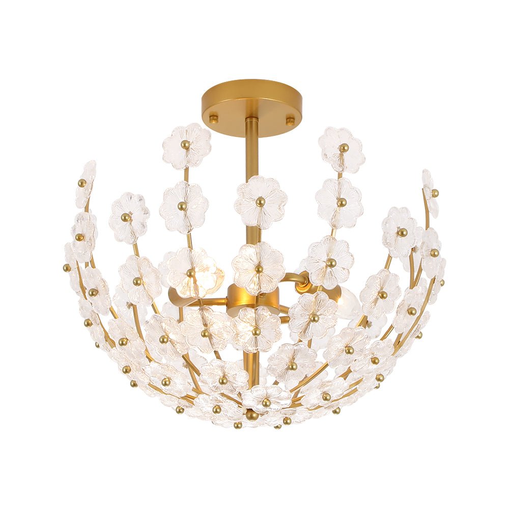 French Sculpture Brass Bloom Glass Floral Semi Flush Mount