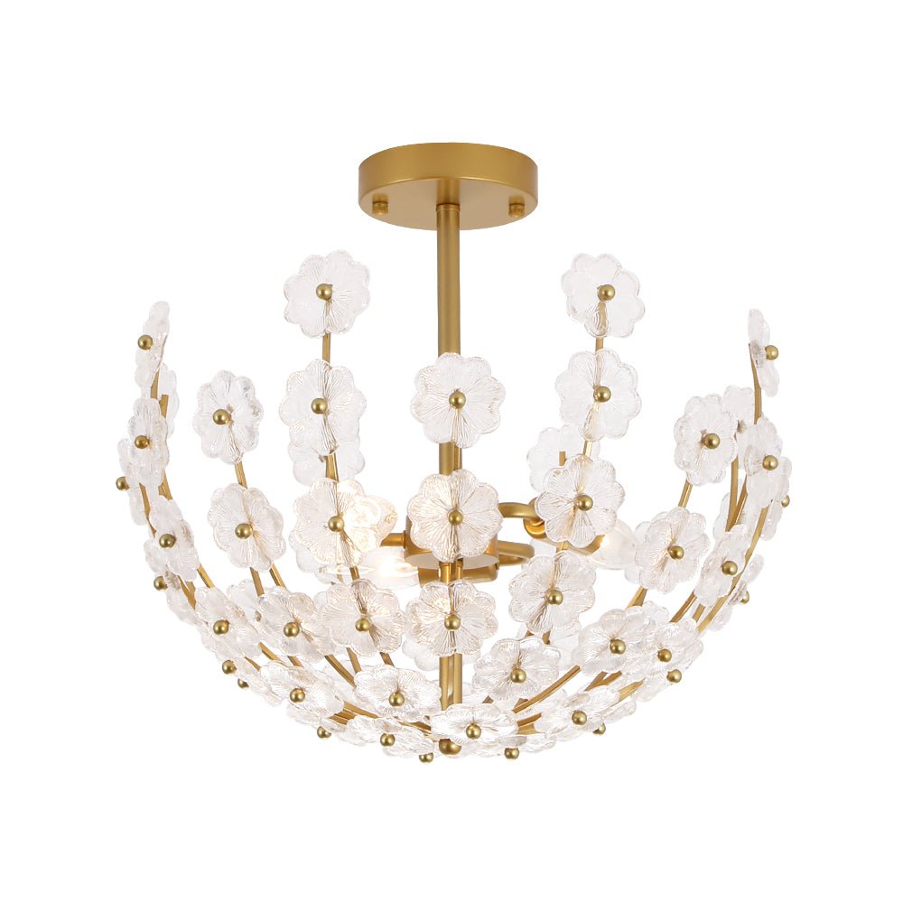 French Sculpture Brass Bloom Glass Floral Semi Flush Mount