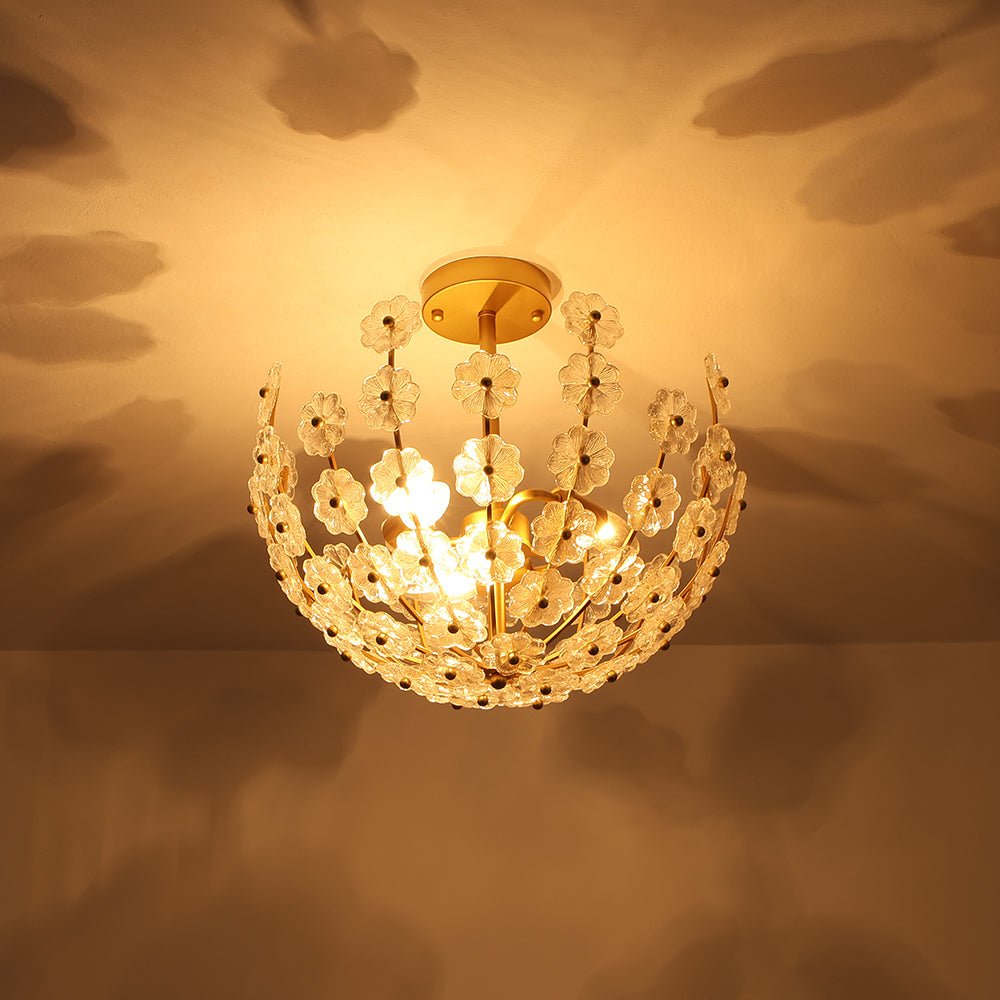 French Sculpture Brass Bloom Glass Floral Semi Flush Mount