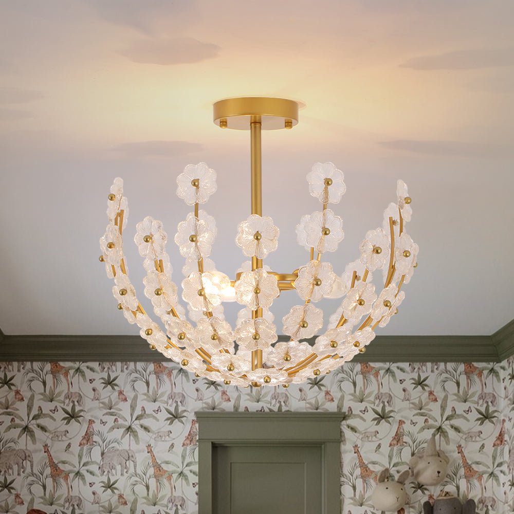 French Sculpture Brass Bloom Glass Floral Semi Flush Mount