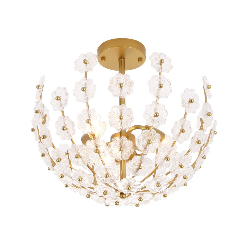 French Sculpture Brass Bloom Glass Floral Semi Flush Mount