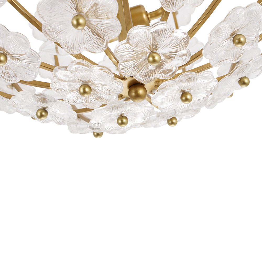 French Sculpture Brass Bloom Glass Floral Semi Flush Mount