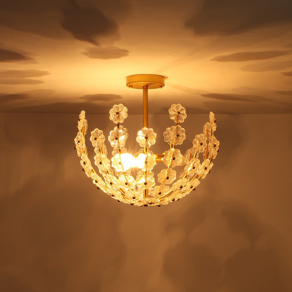 French Sculpture Brass Bloom Glass Floral Semi Flush Mount