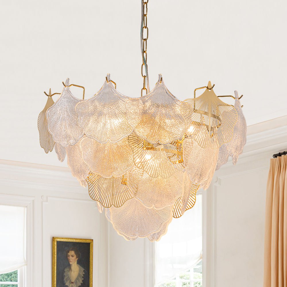 French Tiered Ginkgo Leaf Textured Glass Round Chandelier
