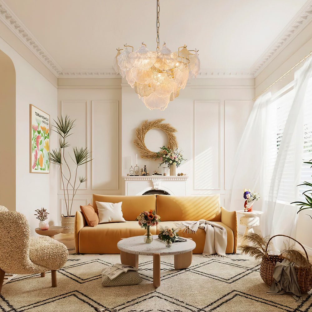 French Tiered Ginkgo Leaf Textured Glass Round Chandelier