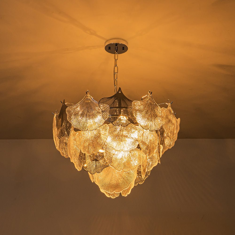 French Tiered Ginkgo Leaf Textured Glass Round Chandelier