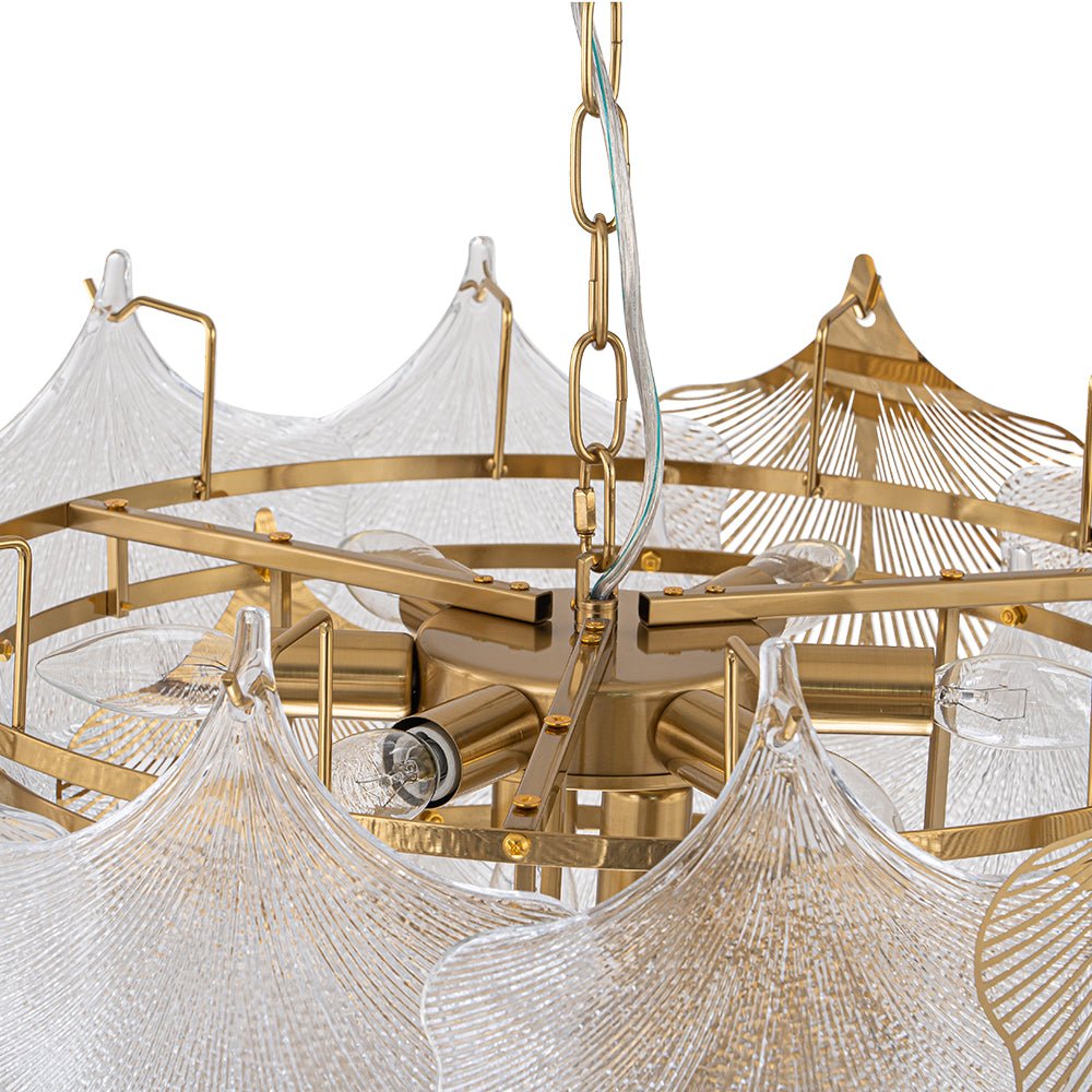 French Tiered Ginkgo Leaf Textured Glass Round Chandelier