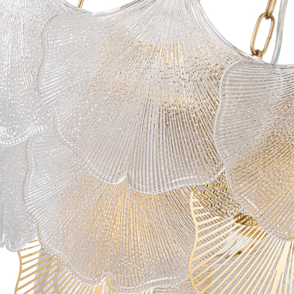 French Tiered Ginkgo Leaf Textured Glass Round Chandelier