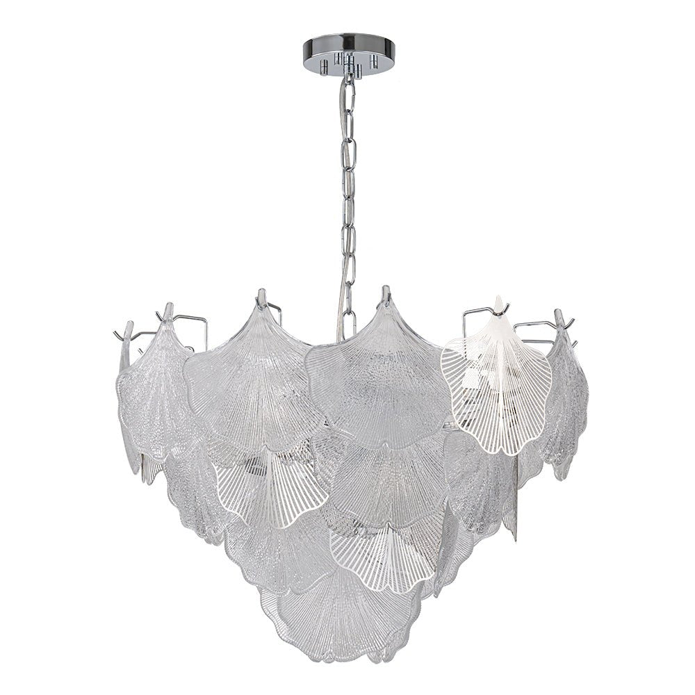 French Tiered Ginkgo Leaf Textured Glass Round Chandelier