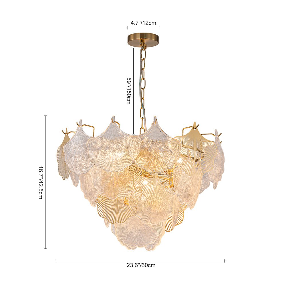 French Tiered Ginkgo Leaf Textured Glass Round Chandelier