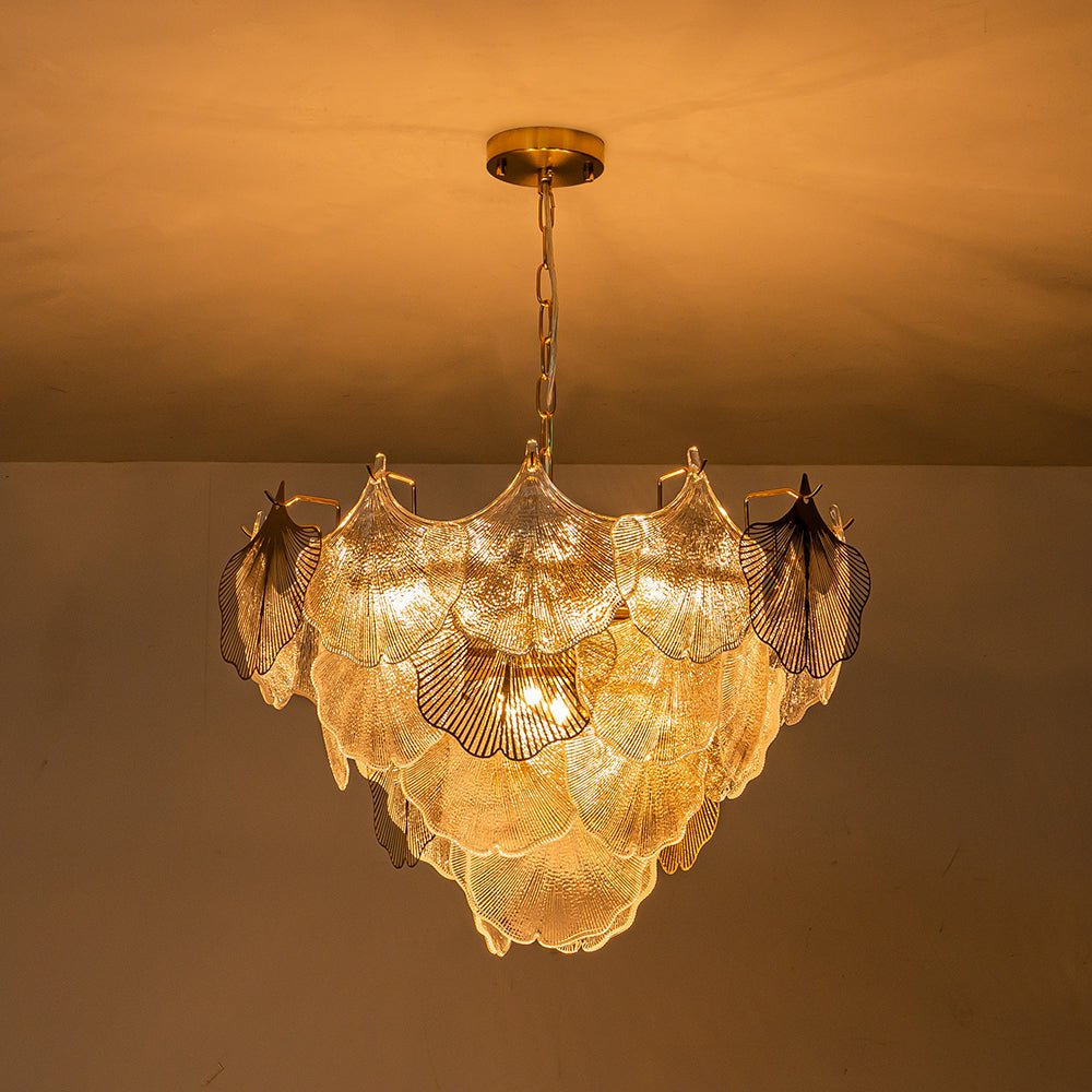 French Tiered Ginkgo Leaf Textured Glass Round Chandelier