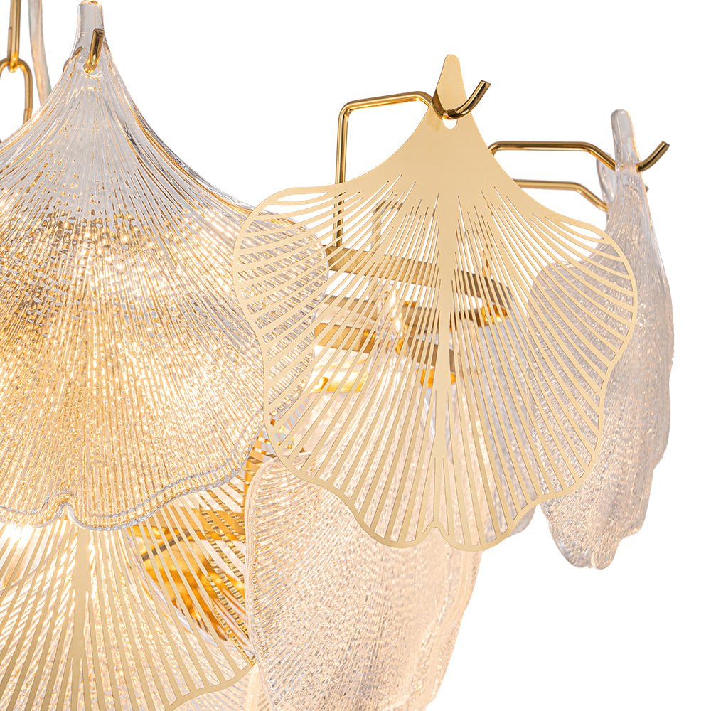 French Tiered Ginkgo Leaf Textured Glass Round Chandelier