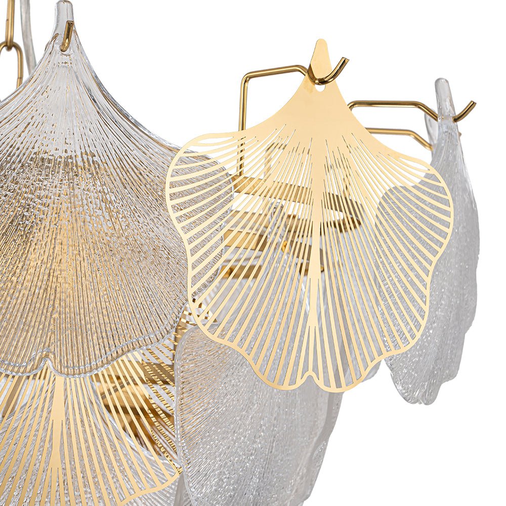 French Tiered Ginkgo Leaf Textured Glass Round Chandelier