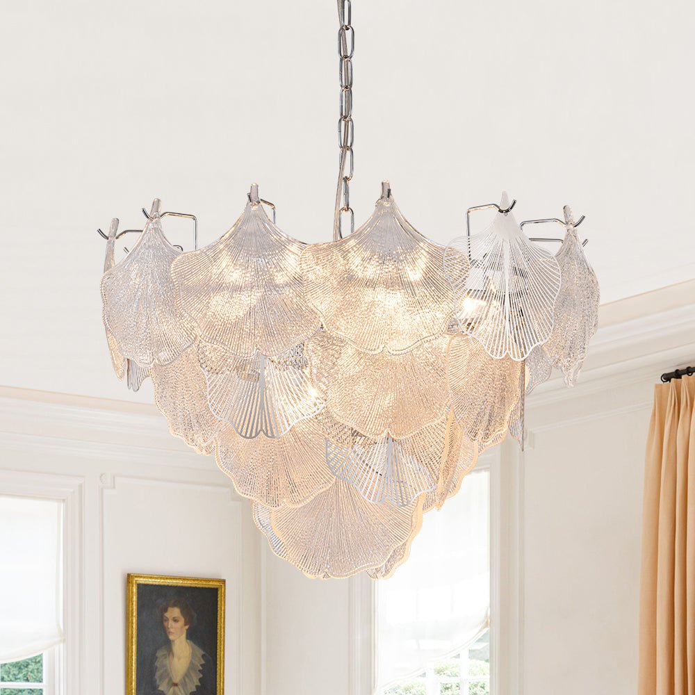 French Tiered Ginkgo Leaf Textured Glass Round Chandelier