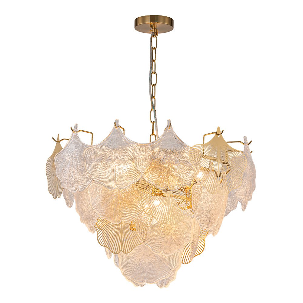 French Tiered Ginkgo Leaf Textured Glass Round Chandelier