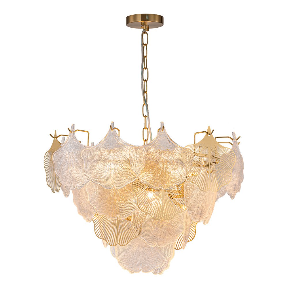 French Tiered Ginkgo Leaf Textured Glass Round Chandelier