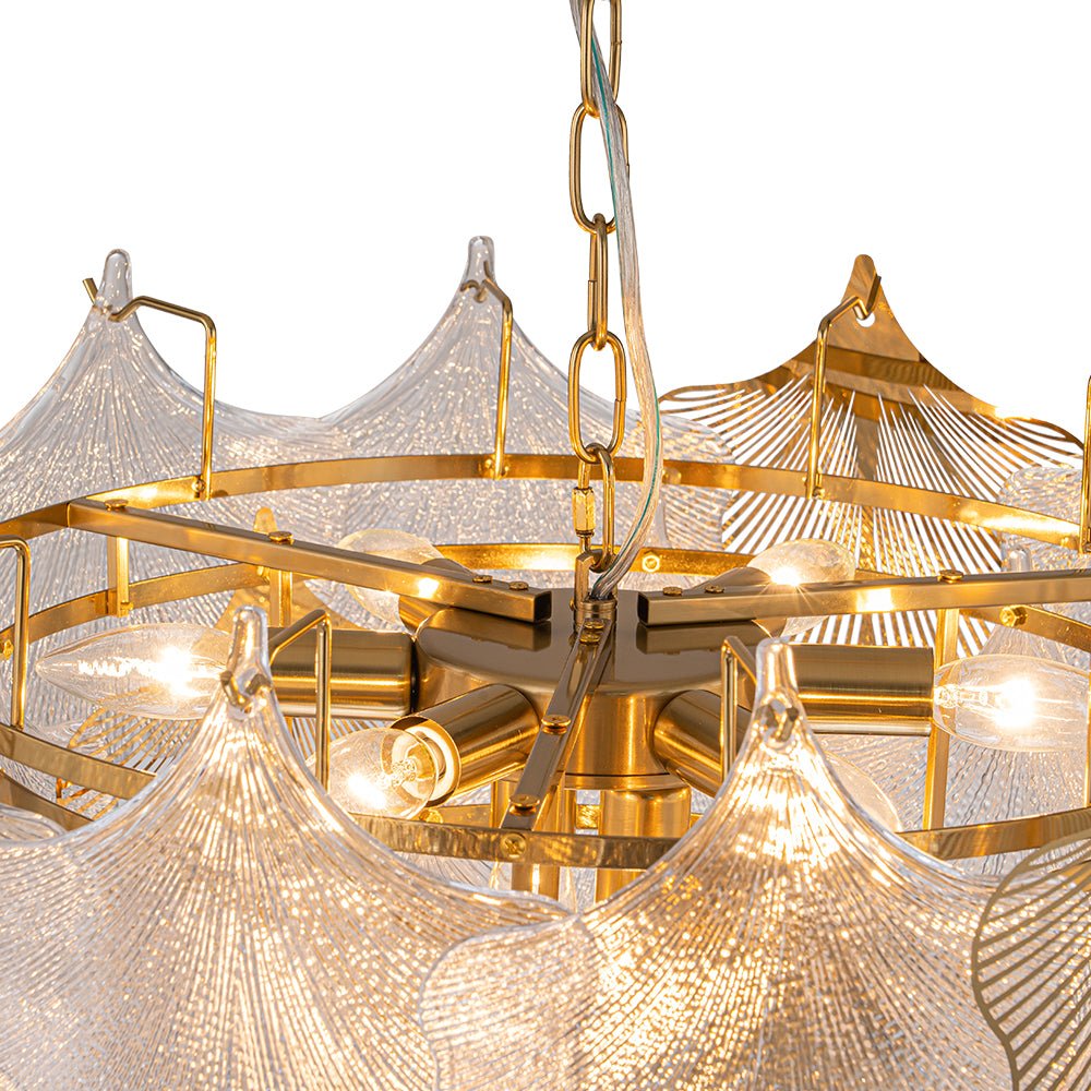 French Tiered Ginkgo Leaf Textured Glass Round Chandelier