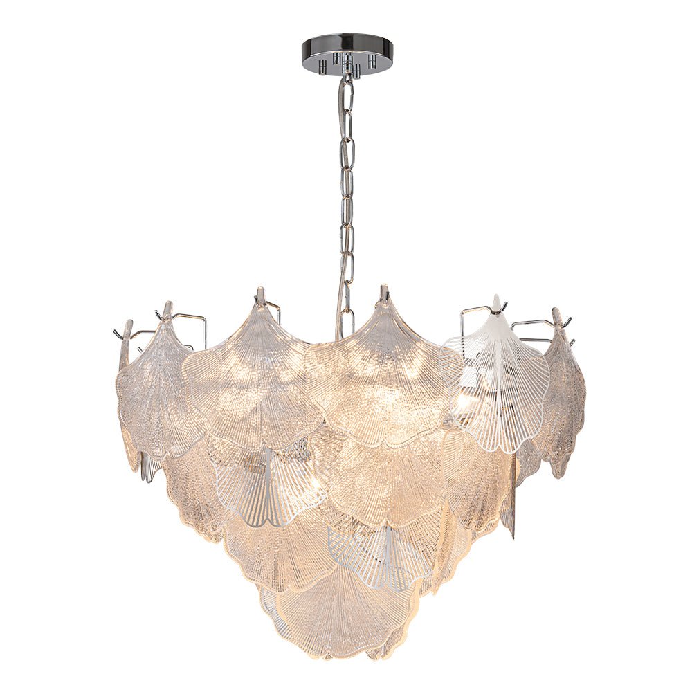 French Tiered Ginkgo Leaf Textured Glass Round Chandelier