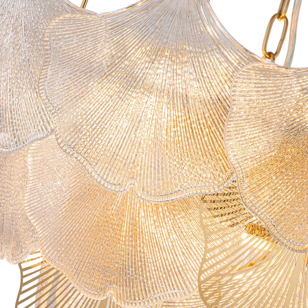 French Tiered Ginkgo Leaf Textured Glass Round Chandelier