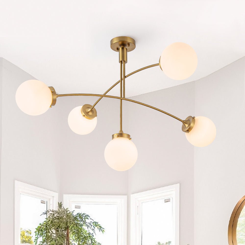 Funky 5-Light Seesaw Arched Arm Glass Globe Semi Flush Chandelier