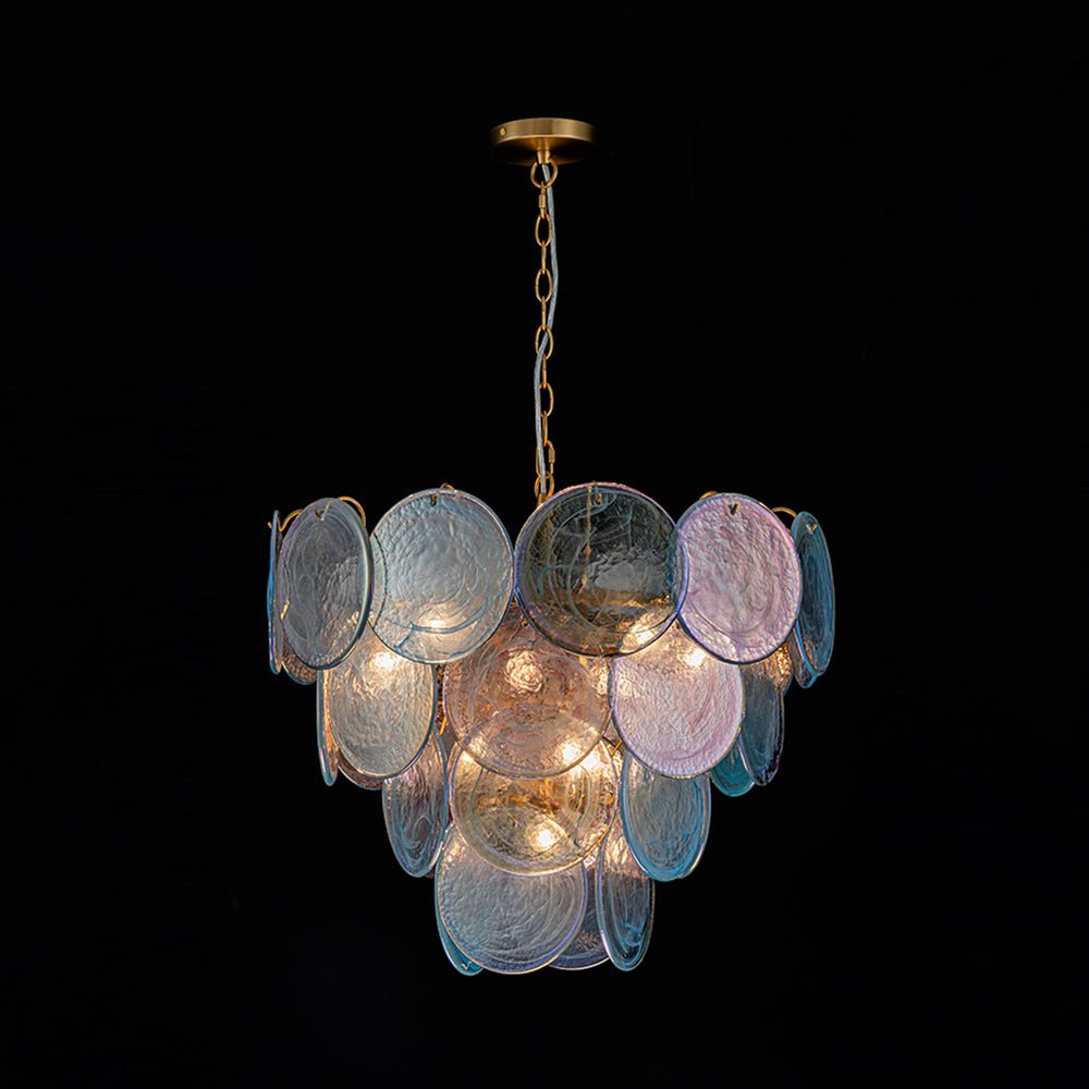 Glam Blue Iridescent Swirl Glass Round Tiered Chandelier