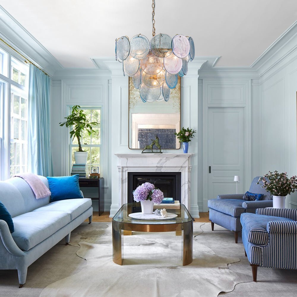 Glam Blue Iridescent Swirl Glass Round Tiered Chandelier