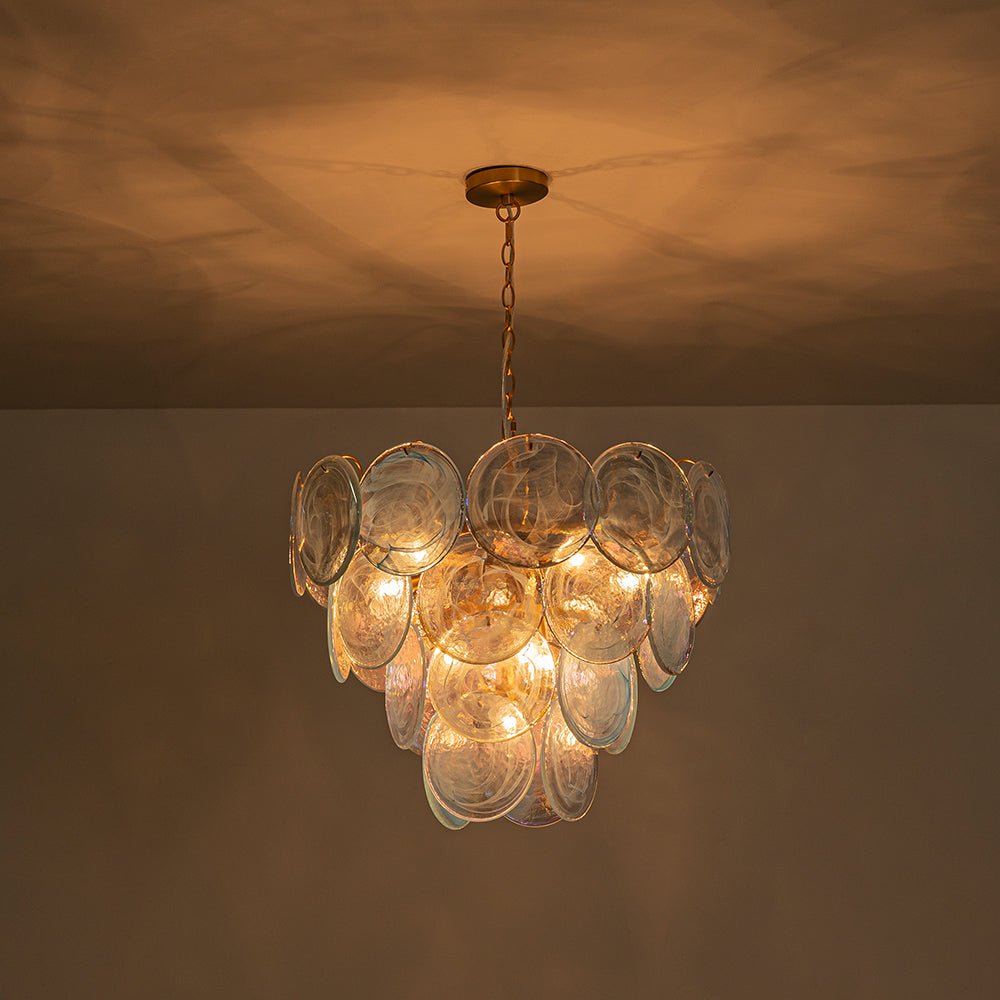 Glam Blue Iridescent Swirl Glass Round Tiered Chandelier