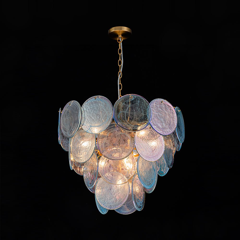 Glam Blue Iridescent Swirl Glass Round Tiered Chandelier