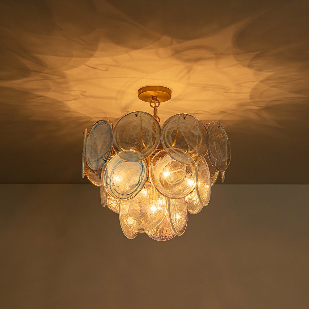 Glam Blue Iridescent Swirl Glass Round Tiered Chandelier