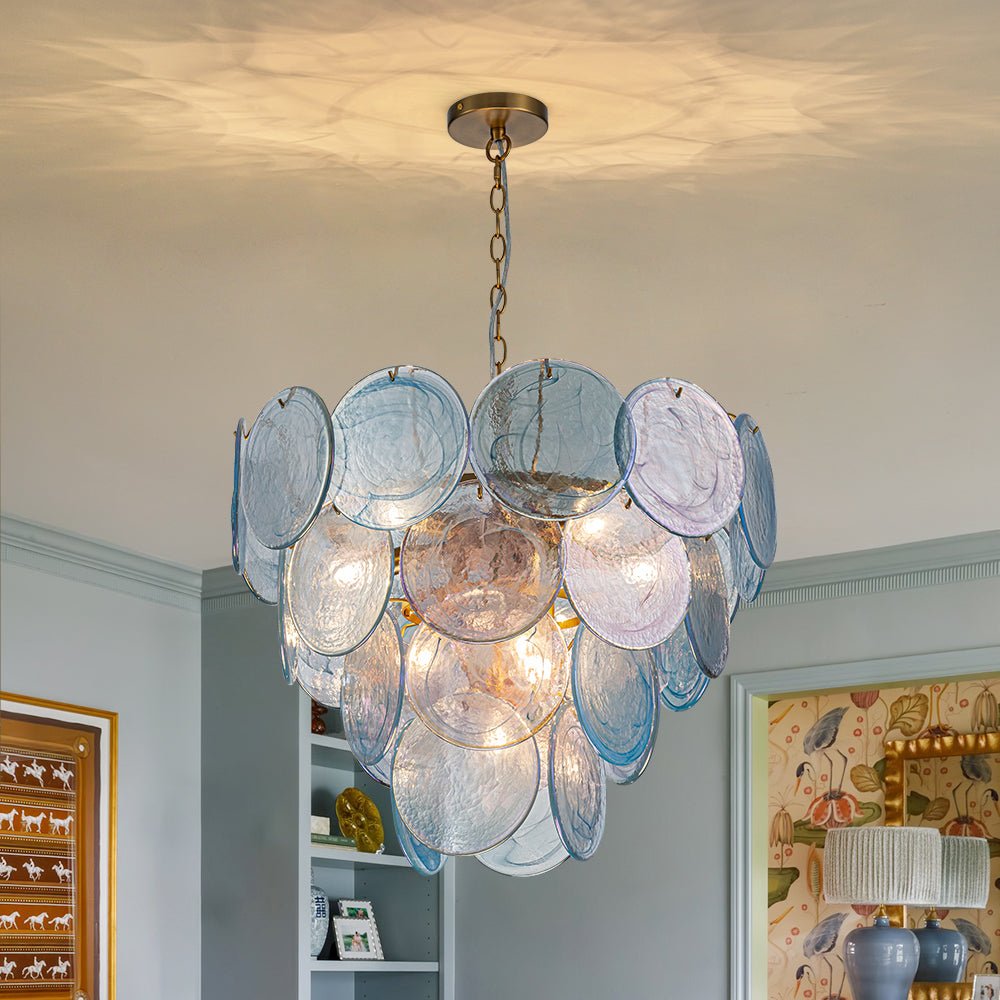 Glam Blue Iridescent Swirl Glass Round Tiered Chandelier