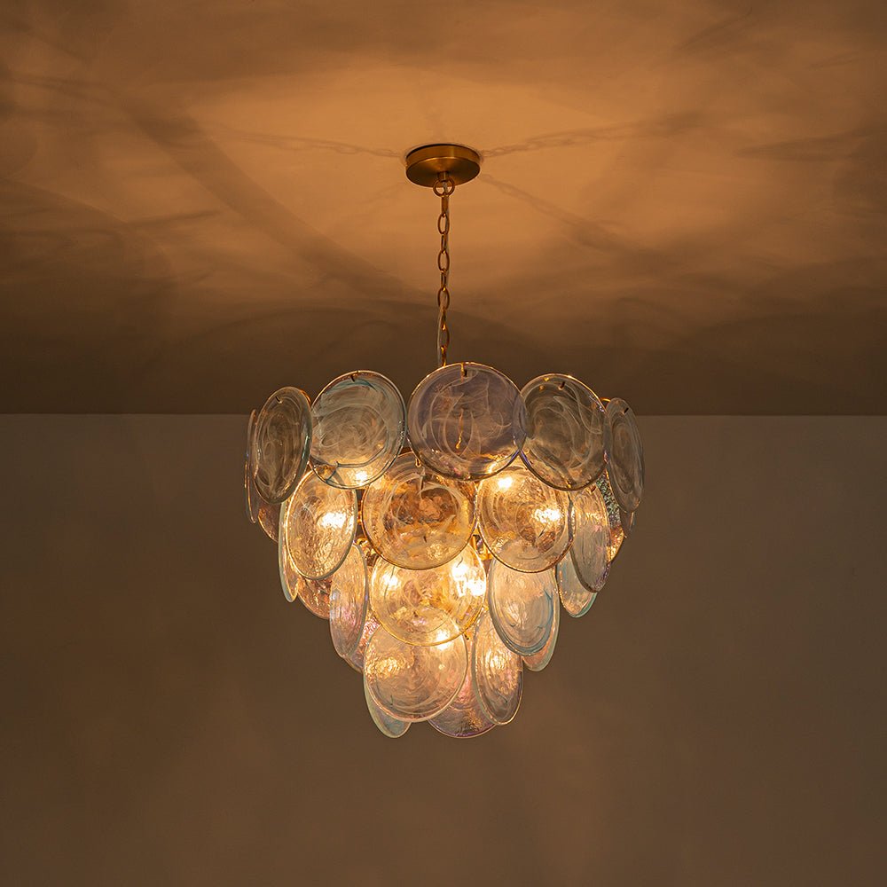 Glam Blue Iridescent Swirl Glass Round Tiered Chandelier