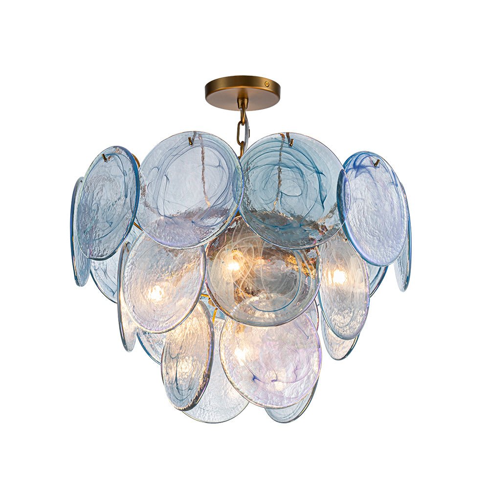 Glam Blue Iridescent Swirl Glass Round Tiered Chandelier